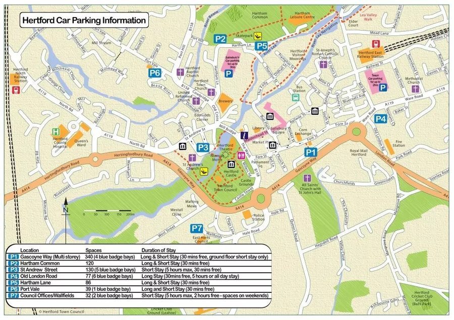 Hertford Car Parking Information map showing locations P1 to P7